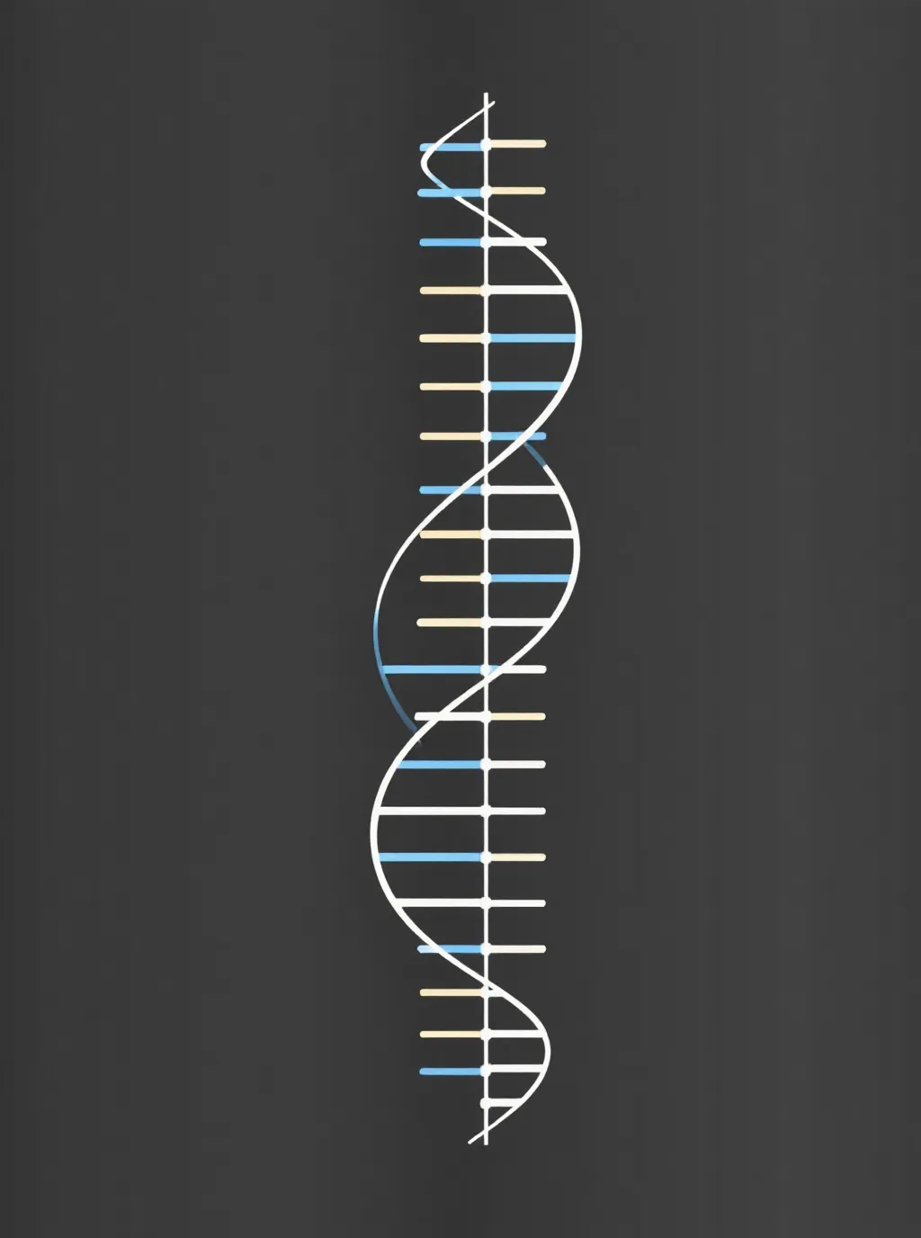 Cool line schematic of a vertical double helix with frost rails and sparse sky-blue rungs on a brushed steel-dark ground